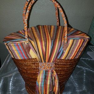 Authentic African Woven Basket w/Leather and Beads